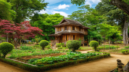 A charming wooden house nestles amidst lush greenery and vibrant garden beds, offering a peaceful retreat in a beautiful natural landscape.の素材