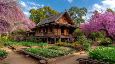 A picturesque countryside house nestled in a vibrant garden filled with blooming cherry trees, creating a serene outdoor escape under a clear blue sky.の素材