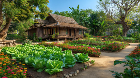 A charming rustic house nestled in a vibrant garden filled with colorful flowers and healthy vegetable patches, offering a serene countryside atmosphere.の素材