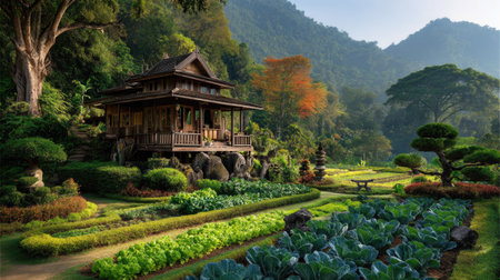 This picturesque scene features a charming mountain home nestled among lush greenery and vibrant garden beds. A serene landscape perfect for relaxation.の素材
