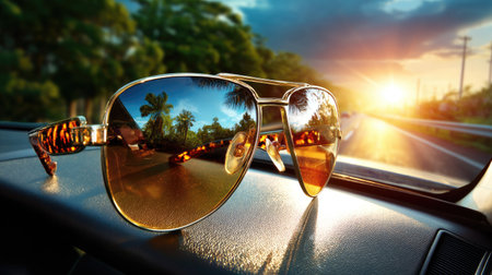 A stunning view of sunglasses resting on a car dashboard, mirroring the vibrant sunset and palm trees along an open highway, capturing the essence of travel.の素材