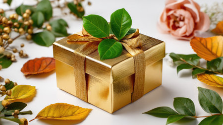 A stunning golden gift box adorned with vibrant greenery and soft flowers, ideal for seasonal celebrations, enhancing any gifting experience with elegance.の素材