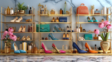 This stunning stock photo features an elegant display of high heels and luxury accessories on golden shelves, complemented by beautiful flowers and a marble background, ideal for fashion and retail themes.の素材