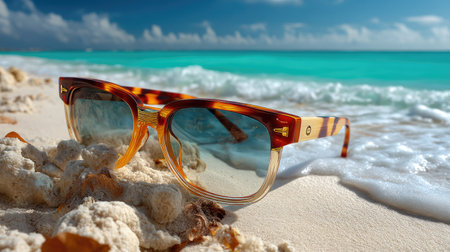 A pair of stylish sunglasses rests on sandy beach, with waves gently lapping at the shore and a vibrant turquoise ocean in the background. Perfect for summer.の素材