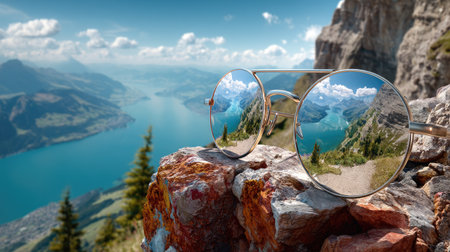 A pair of reflective glasses rests on a colorful rock, showcasing a stunning mountain view and serene lake under a bright sky. Perfect for travel themes.の素材