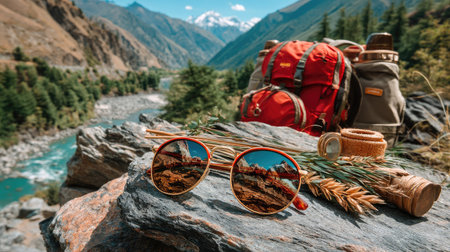 A vibrant outdoor scene featuring stylish sunglasses and a backpack on a rocky surface, set against a breathtaking mountain landscape, perfect for adventure lovers.の素材
