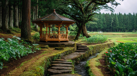 Discover a serene gazebo nestled in a vibrant green landscape, surrounded by towering trees and a tranquil pathway, perfect for peaceful moments in nature.の素材