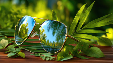 A pair of stylish sunglasses rests on a wooden surface, reflecting vibrant greenery and tropical plants. Ideal for representing summer, relaxation, and nature.の素材