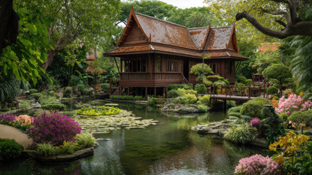 A picturesque view of a tranquil Thai garden showcasing a traditional wooden house. Vibrant flowers, lush greenery, and serene water enhance the peaceful ambiance.の素材