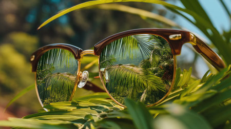 A close-up view of stylish sunglasses placed among vibrant foliage, showcasing a stunning reflection of palm trees in a serene summer environment.の素材