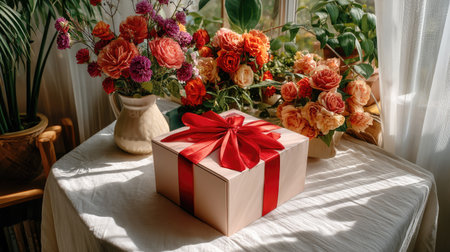 A charming indoor scene featuring a beautifully wrapped gift box adorned with a vibrant red ribbon, surrounded by stunning flower arrangements.の素材