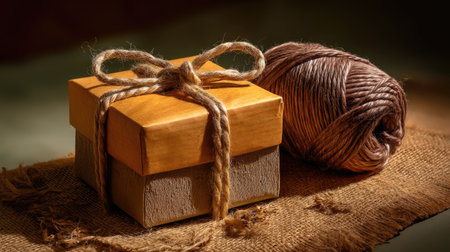 A rustic gift box elegantly adorned with a twine bow sits beside a yarn ball on a textured surface illuminated by soft natural light, creating a warm ambiance.の素材