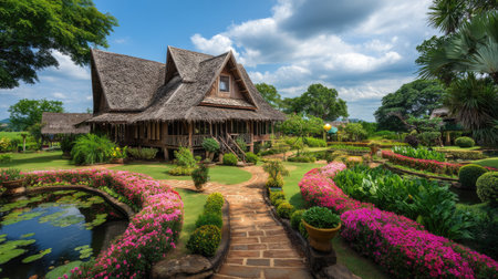 A stunning view of a traditional wooden house nestled in a vibrant tropical garden, featuring colorful flowers and lush greenery in a serene landscape.の素材