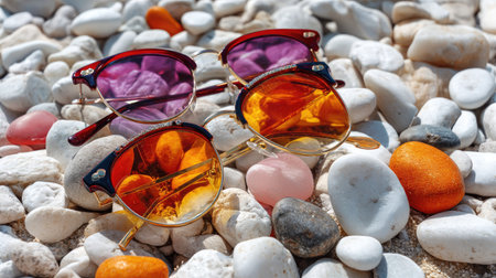 A vibrant display of colorful sunglasses rests on a smooth pebble beach, showcasing various lens colors and styles under the bright sunlight.の素材