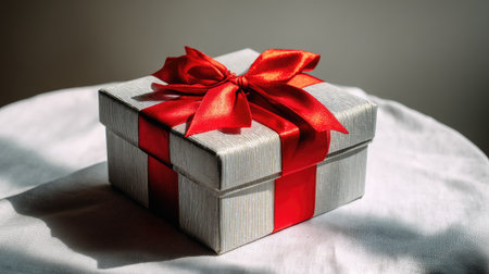 A beautifully wrapped gift box adorned with a vibrant red ribbon rests on a soft fabric surface, radiating charm and elegance, ideal for celebrations.の素材