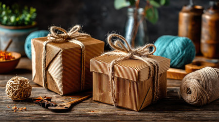 Rustic gift boxes elegantly tied with twine sit on a wooden table surrounded by yarn and decorative elements, creating a cozy and inviting atmosphere perfect for gifting.の素材