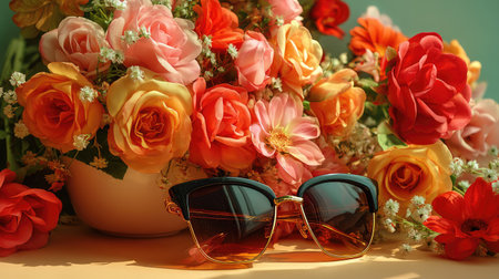 A pair of stylish sunglasses rests elegantly among a stunning arrangement of vibrant flowers, highlighting seasonal beauty and cheerful aesthetics.の素材