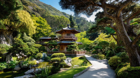 A tranquil Japanese garden showcases a traditional wooden pavilion nestled among vibrant greenery and serene water features, perfect for relaxation and reflection.の素材