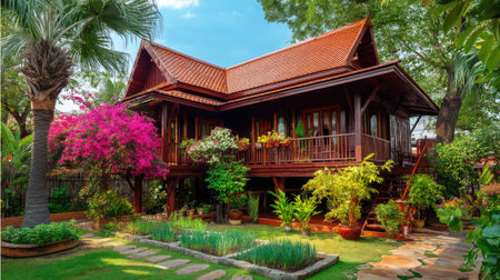 Discover a picturesque traditional Thai wooden house set amidst vibrant flowers and lush greenery, embodying serenity and charm in a tranquil garden setting.の素材