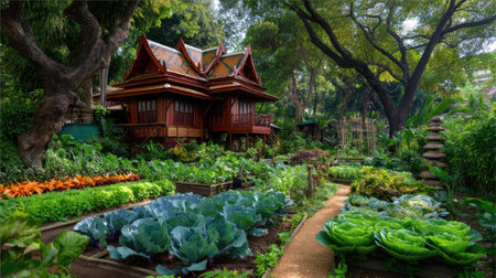 A charming traditional wooden house sits amidst a vibrant garden, featuring healthy vegetables and lush greenery, creating a serene outdoor environment.の素材