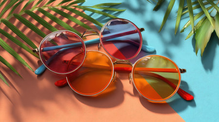 A vibrant image featuring colorful round sunglasses placed playfully among palm leaves and straws, evoking a fun summer atmosphere and style.の素材