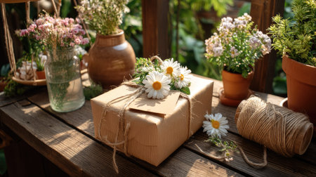 A charming display featuring a neatly wrapped gift box adorned with fresh daisies, set on a rustic wooden table amidst vibrant flower pots and natural decor elements.の素材