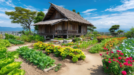 This image showcases a beautiful rustic house surrounded by a lush vegetable garden and colorful flowers, set against a stunning blue sky, evoking tranquility.の素材