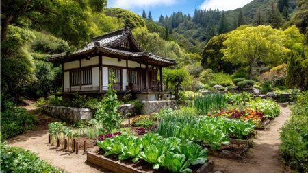 Experience a serene scene of a traditional Japanese garden featuring a wooden house, vibrant vegetable beds, and lush greenery, set against a scenic mountain backdrop.の素材