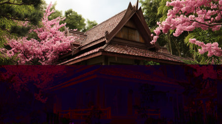 Experience the beauty of traditional Asian architecture amidst a stunning garden filled with cherry blossoms and lush greenery in a tranquil setting.の素材