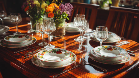 A beautifully arranged dining table featuring floral accents, vintage dishware, and stylish glassware, illuminated by warm sunlight. Perfect for gatherings.の素材