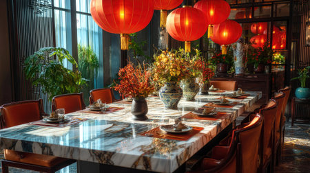 This stunning dining room features a marble table adorned with vibrant floral arrangements and illuminated by striking red lanterns, creating an inviting atmosphere.の素材