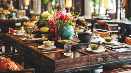 A beautifully arranged dining table in a vibrant restaurant, showcasing colorful floral arrangements and exquisite dishes, perfect for gourmet experiences.の素材