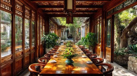 Beautifully designed dining room featuring elegant wooden furniture, natural light, and lush greenery. Ideal for gatherings and serene dining experiences.の素材