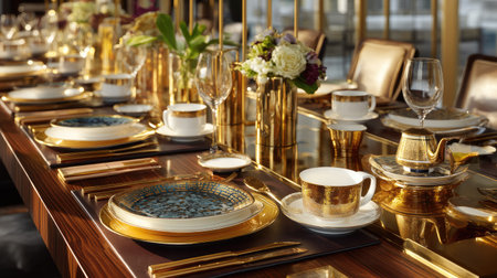 This stunning dining table showcases an exquisite arrangement with golden accents, fine china, and elegant glassware, perfect for any special occasion.の素材