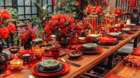 Discover an exquisite table setting adorned with vibrant red flowers and fine china, perfect for special celebrations and intimate gatherings that exude elegance.の素材