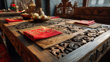This image showcases an exquisite wooden table featuring intricate carvings and elegant textiles, creating a warm and inviting dining atmosphere.の素材