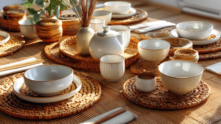 A beautifully arranged table featuring elegant ceramics and woven textiles, creating a cozy atmosphere perfect for gatherings and dining occasions.の素材