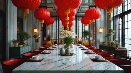Discover a stunning dining room that blends elegance and tradition, featuring red lanterns, a marble table, and a beautiful floral centerpiece.の素材