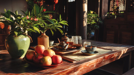 A beautifully arranged table features fresh apples, tea cups, and vibrant greenery, all captured in natural sunlight, creating a cozy and inviting atmosphere.の素材
