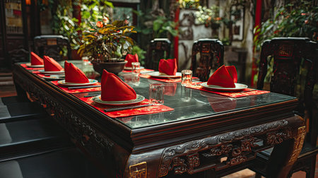A beautifully arranged dining table featuring red napkins, glass plates, and lush greenery, offering a warm and inviting atmosphere for a meal.の素材