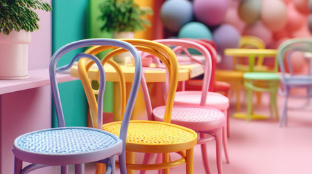 This vibrant stock photo showcases colorful cafe chairs and a playful background of pastel balloons, creating an inviting and cheerful atmosphere perfect for modern dining spaces.の素材