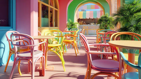 A picturesque cafe interior featuring a range of colorful pastel chairs set against a vibrant backdrop. Tropical plants enhance the cheerful atmosphere, inviting relaxation.の素材