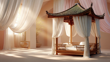 A stunning Asian-inspired pavilion featuring soft drapery and warm light in a peaceful indoor environment, creating a serene atmosphere for relaxation.の素材