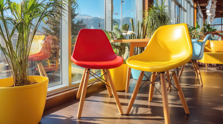 A vibrant scene featuring red and yellow chairs in a modern cafe, illuminated by natural light, surrounded by lush indoor plants creates a cozy atmosphere.の素材