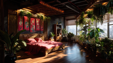 This image showcases a beautifully designed bedroom with Asian-inspired decor, featuring rich wooden furniture, lush plants, and ample natural light.の素材