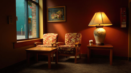 A cozy seating area featuring elegant armchairs, a stylish lamp, and warm lighting, creating an inviting ambiance perfect for relaxation or gatherings.の素材