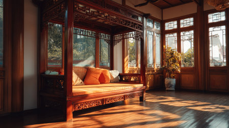 This image showcases a cozy wooden daybed positioned in a sun-drenched room, featuring large windows that enhance the serene atmosphere. The elegant decor and warm colors create a perfect space for relaxation, inviting peaceful moments in a beautifully designed interior.の素材