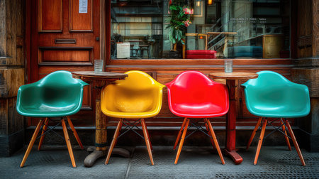 A captivating arrangement of colorful modern chairs in vibrant hues set around a wooden table outside a charming cafの素材