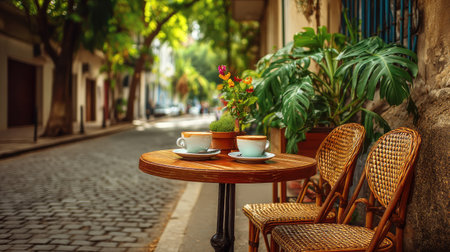 A serene outdoor cafe scene featuring two coffee cups, a vibrant plant, and rustic wicker chairs on a charming cobblestone street, perfect for relaxation.の素材
