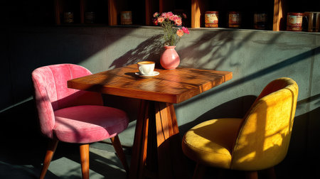 A cozy cafe interior featuring a wooden table with a cup of coffee and a vase of flowers, surrounded by stylish pink and yellow chairs. Warm morning light adds a serene atmosphere.の素材